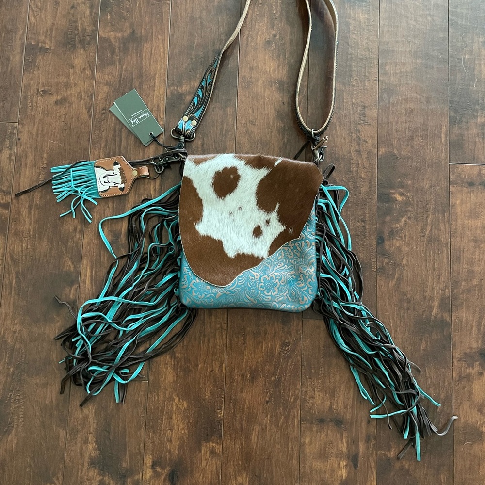 NWT Myra Bag Turquoise and Brown Leather with Hair and Fringe